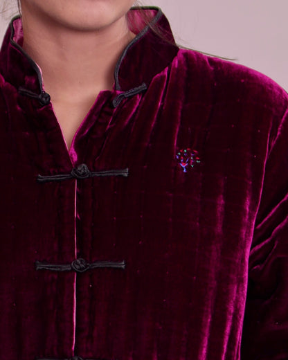 Jacket Women - Chinese Panne Velvet Jacket Strawberry with Hand Embroidery