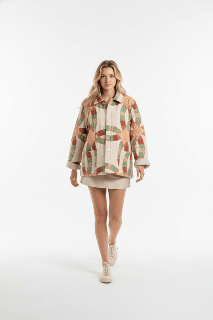 Jacket Women - Quilted Beige, Green and Brick