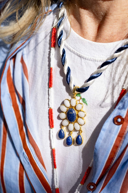 Necklace - Flower Power pendant with Lapis lazuli and White Quartz Stones