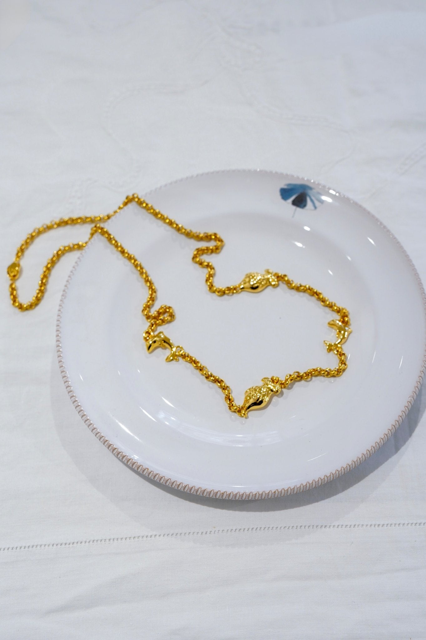 Necklace - Gold long chain necklace charms fish