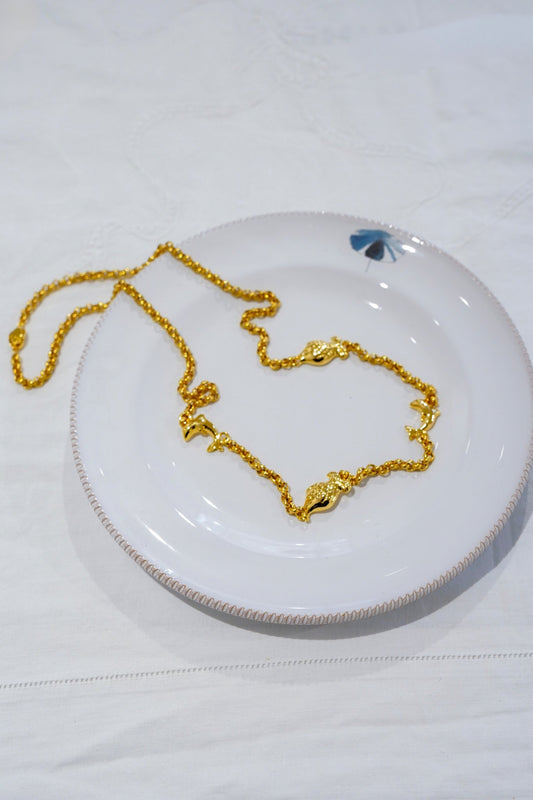Necklace - Gold long chain necklace charms fish