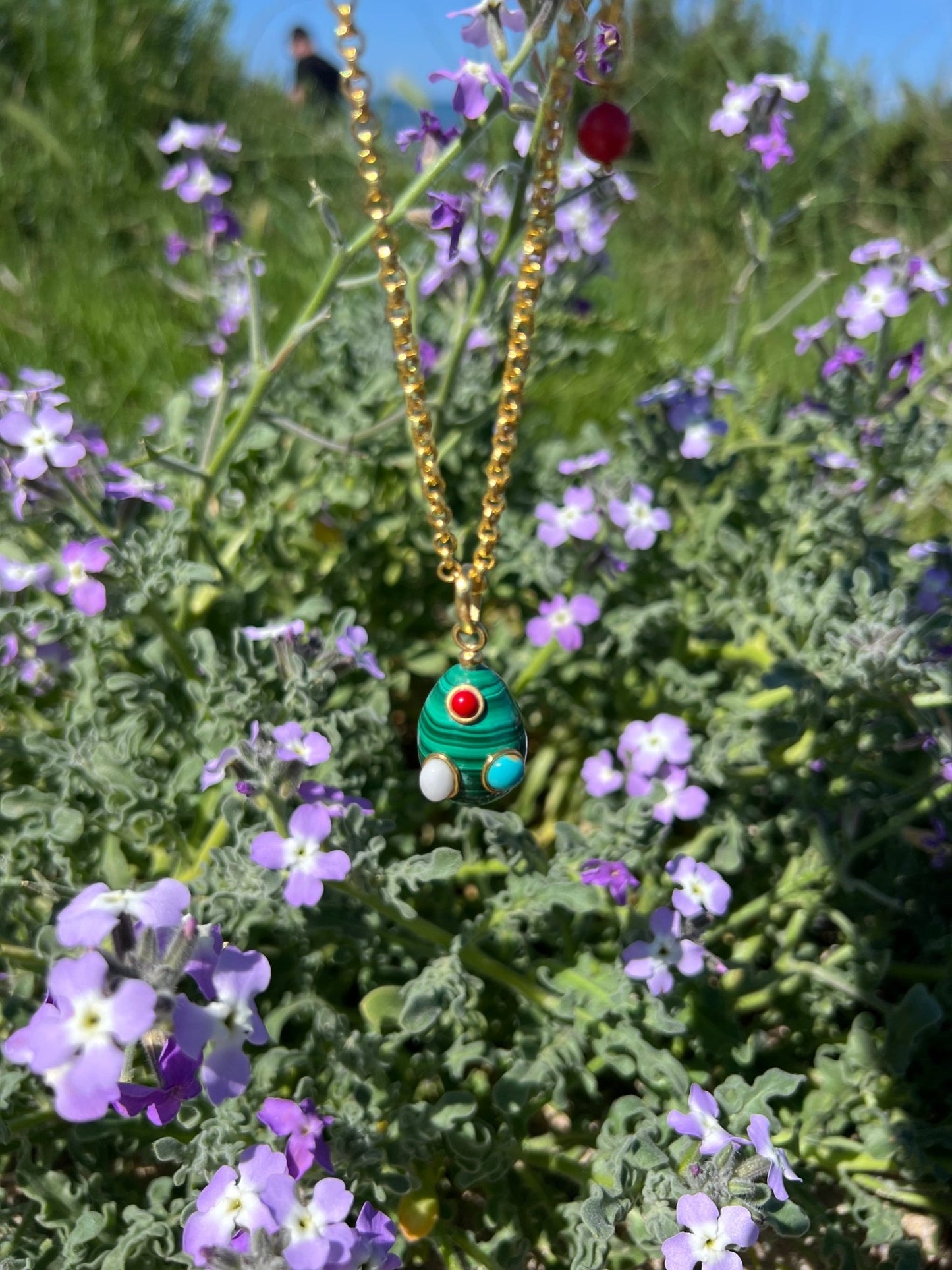 Necklace - Malachite Quartz Egg with Turquoise Quartz and Coral