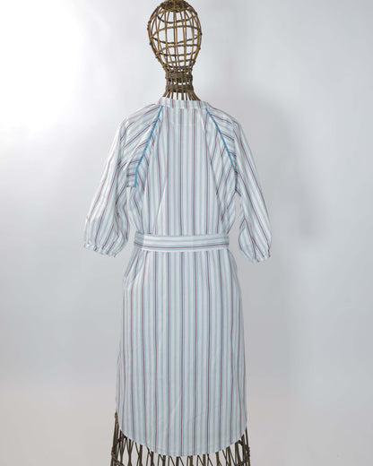 Dress - Simonetta Terracotta Grey Stripes With Ladder Lace Turquoise Blue TU