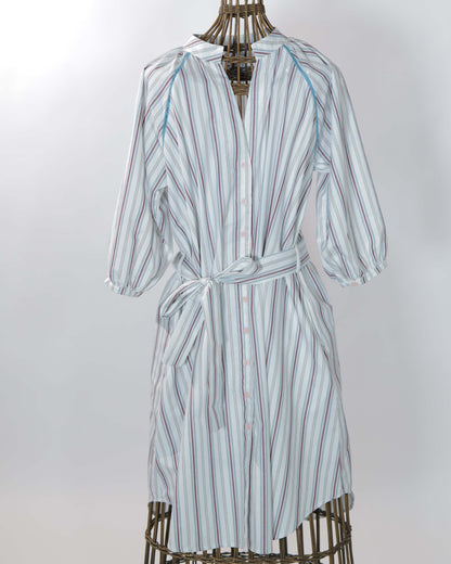 Dress - Simonetta Terracotta Grey Stripes With Ladder Lace Turquoise Blue TU