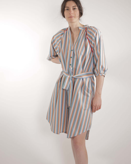 Vestito - Simonetta Multicolore a Righe con Pizzo a Scala Rosso