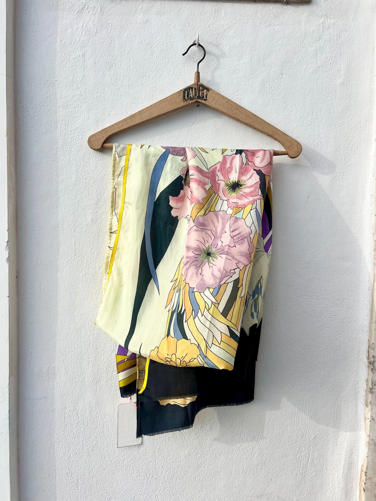 Scarf - Silk Scarf Black Beige Yellow Flower