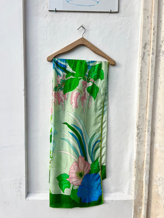 Scarf - Silk Scarf Green Pink Flower