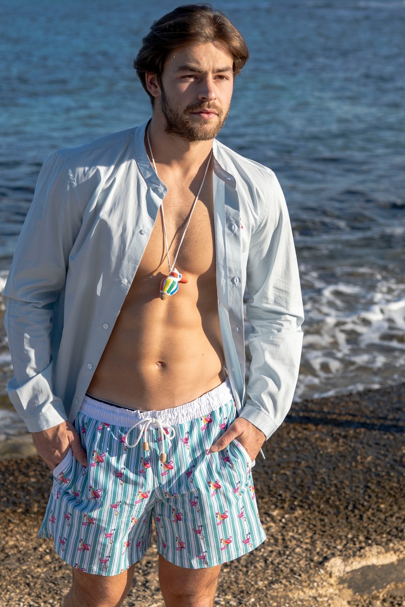 Shirt Men - Mao Collar Sky Blue and hand embroidery