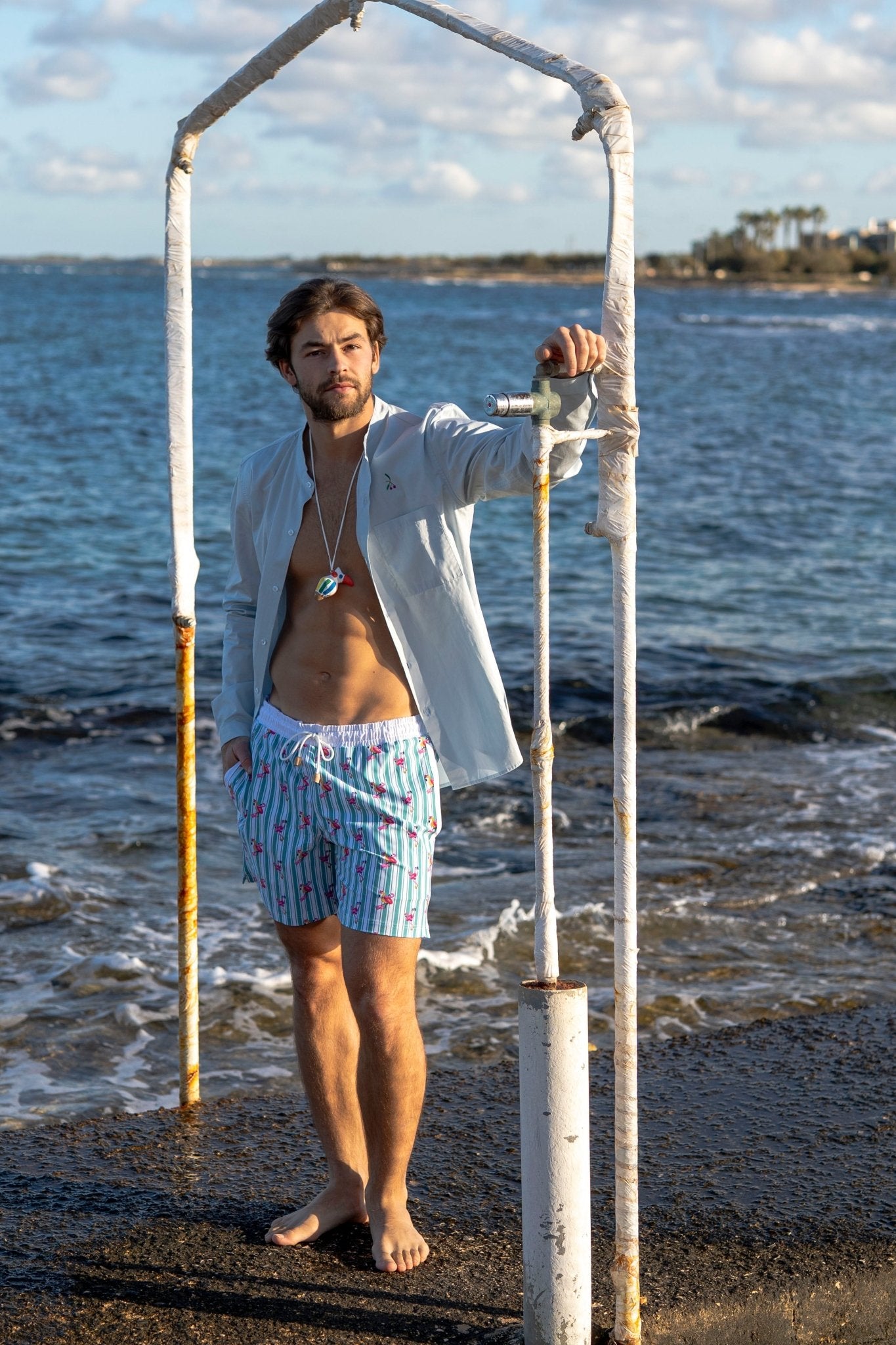 Shirt Men - Mao Collar Sky Blue and hand embroidery