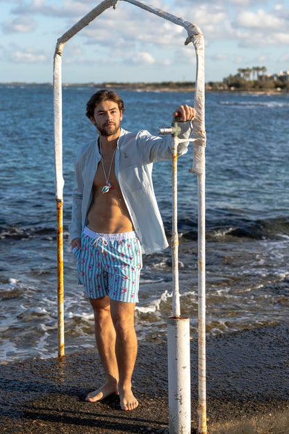 Shirt Men - Mao Collar Sky Blue and hand embroidery