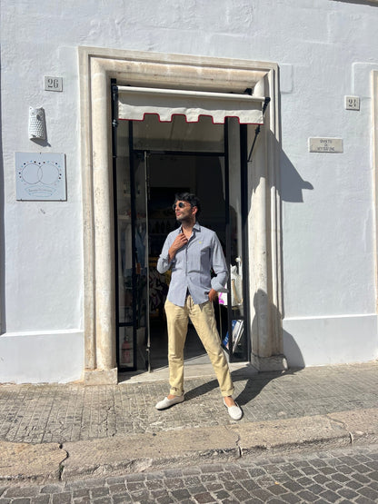 Shirt Men - Mao Collar Stripe White and Blue Lemon Embroidery