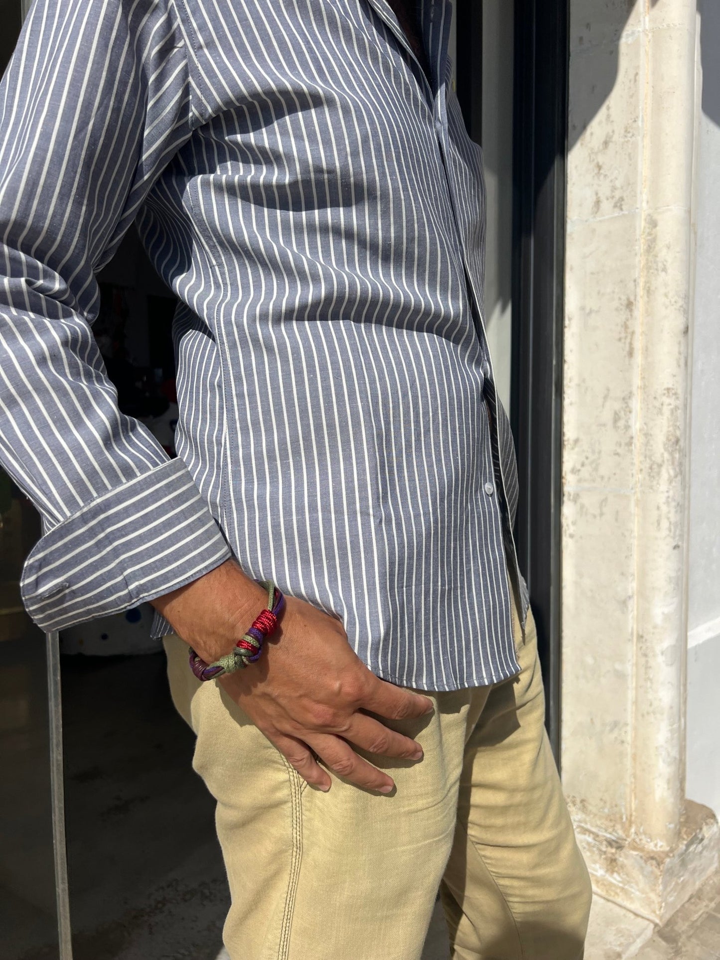 Shirt Men - Mao Collar Stripe White and Blue Lemon Embroidery