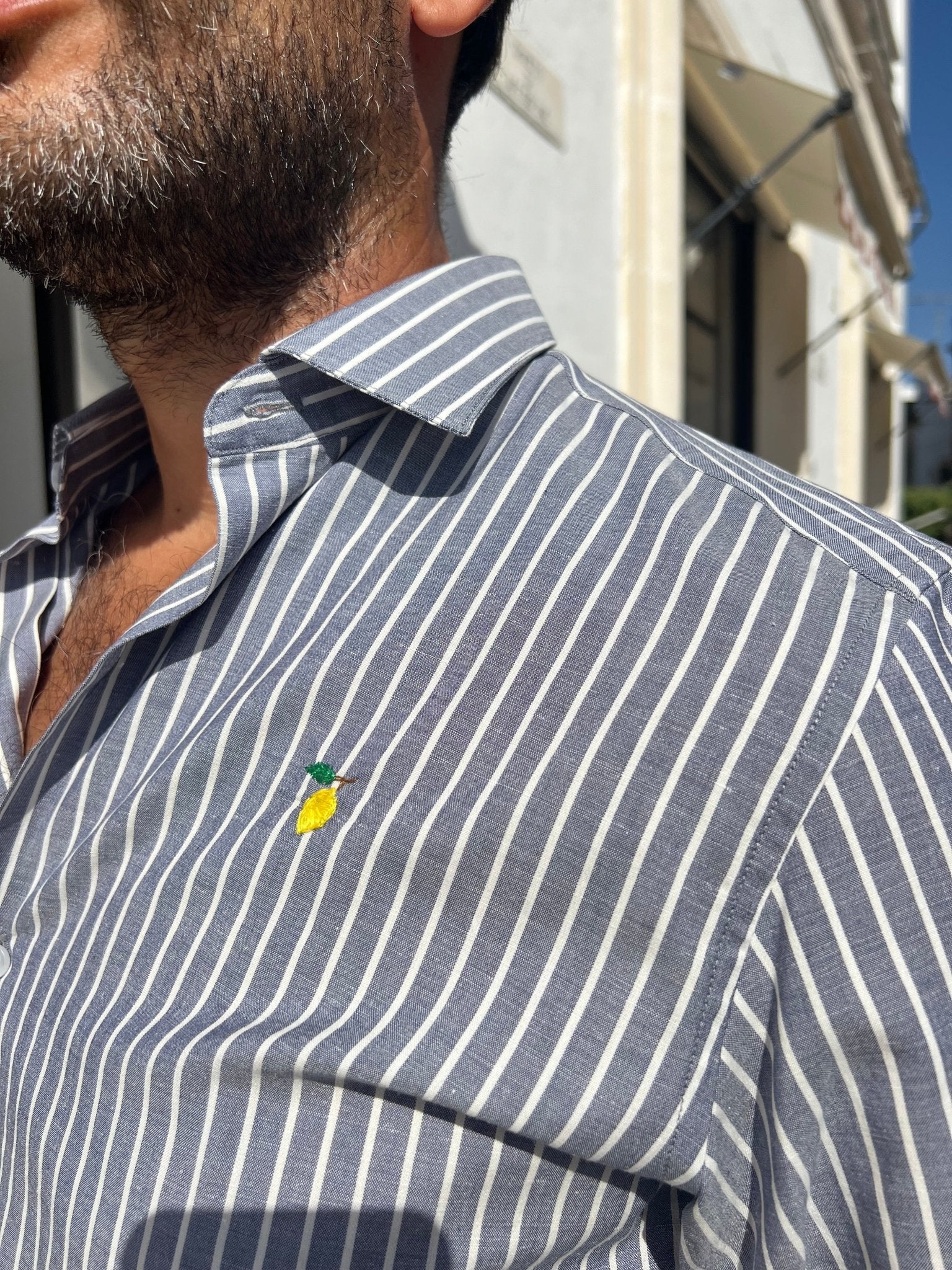 Shirt Men - Mao Collar Stripe White and Blue Lemon Embroidery