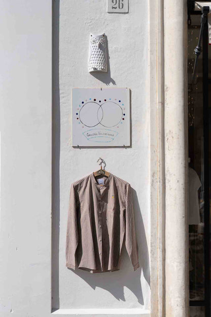 Shirt Men - Mao Collar Stripe White and cafe lemon embroidery