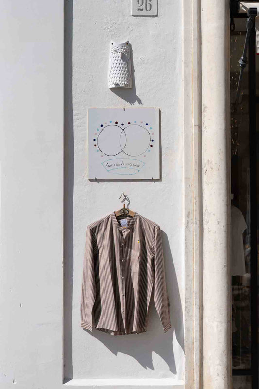 Shirt Men - Mao Collar Stripe White and cafe lemon embroidery