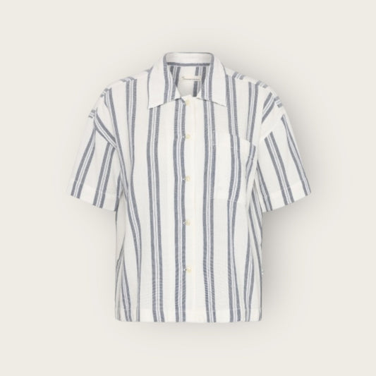 Shirt Women - Short Sleeve Cotton Shirt Striped White Blue