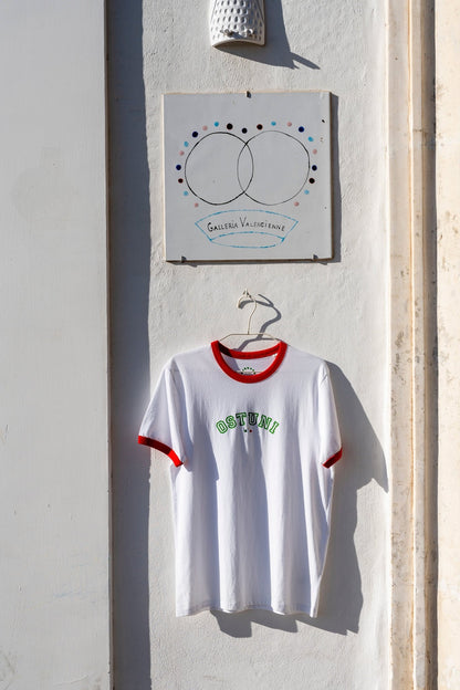 T-shirt - Ostuni Red Border Unisex With Hearts Embroidered